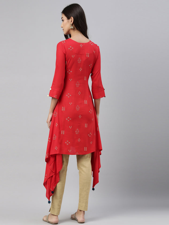 Neerus Red rayon solid kurti - detail view 2