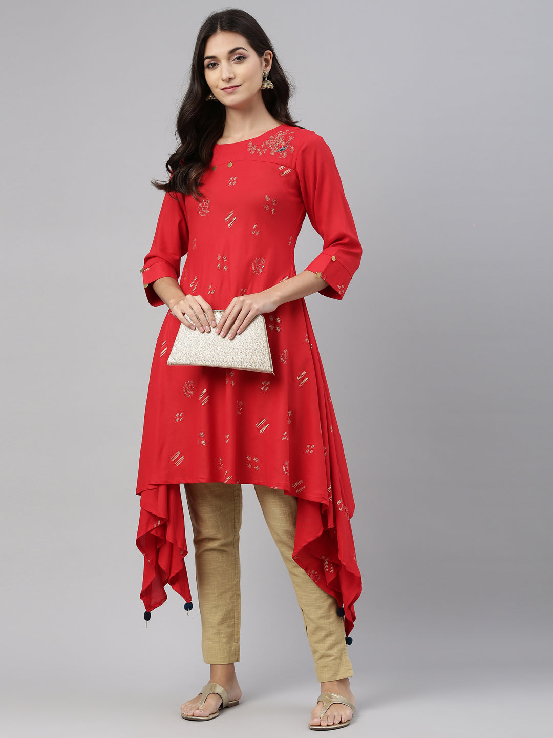 Neerus Red rayon solid kurti - front view