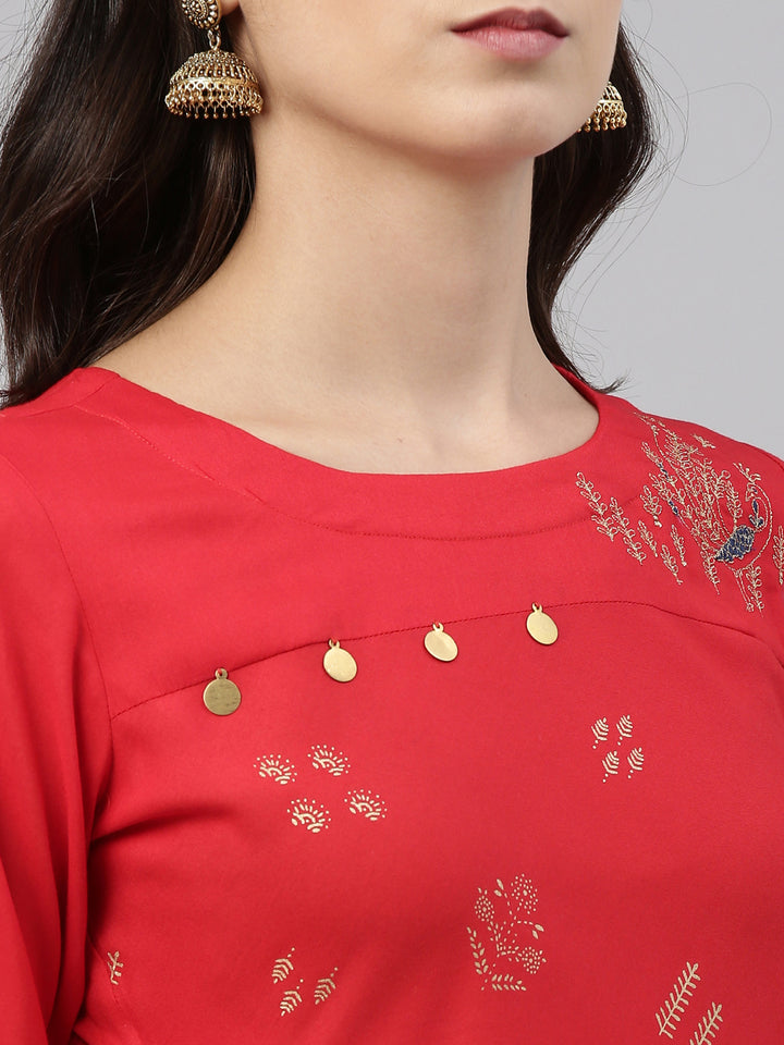Neerus Red rayon solid kurti - detail view 3