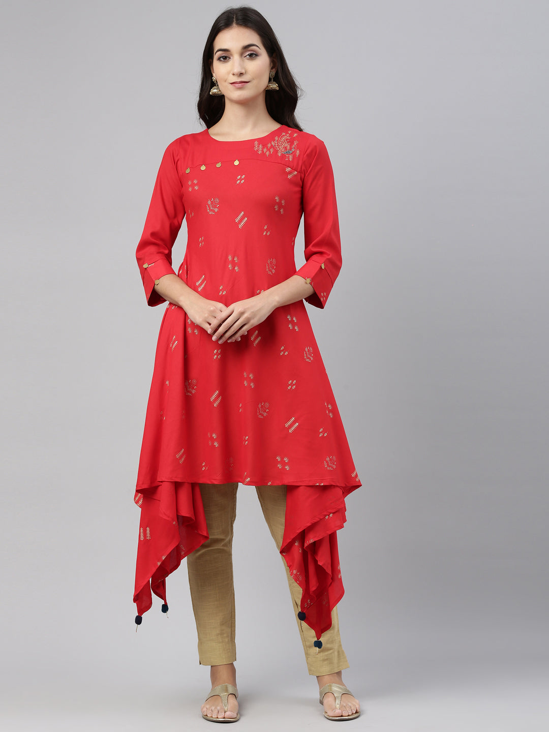 Neerus Red rayon solid kurti - detail view 4