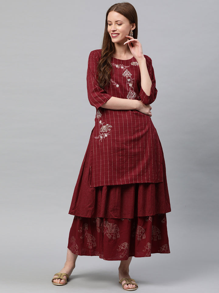 Neerus Maroon Embroidered Flared Double Layered Kurta