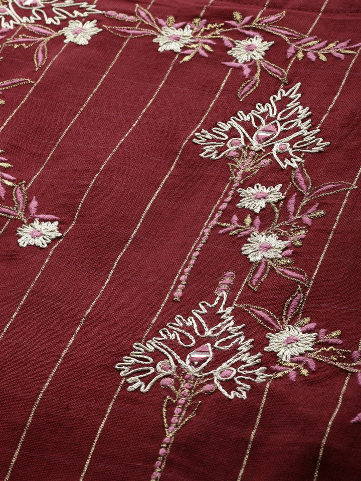 Neerus Maroon Embroidered Flared Double Layered Kurta