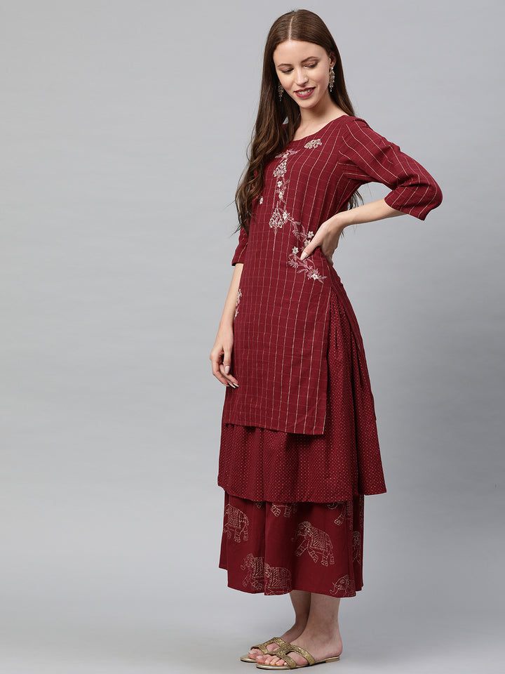Neerus Maroon Embroidered Flared Double Layered Kurta