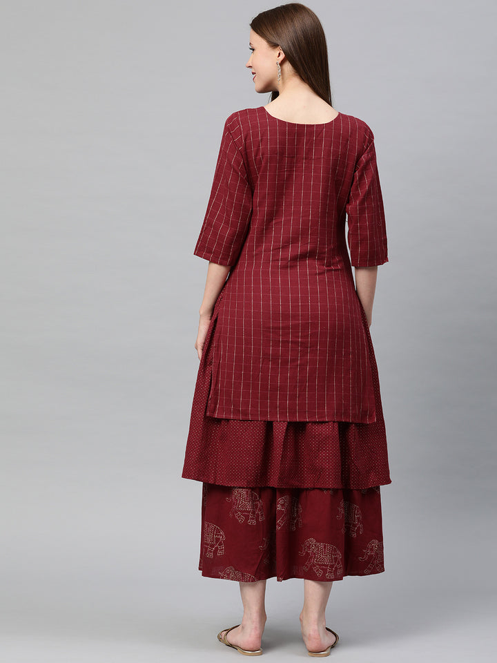 Neerus Maroon Embroidered Flared Double Layered Kurta