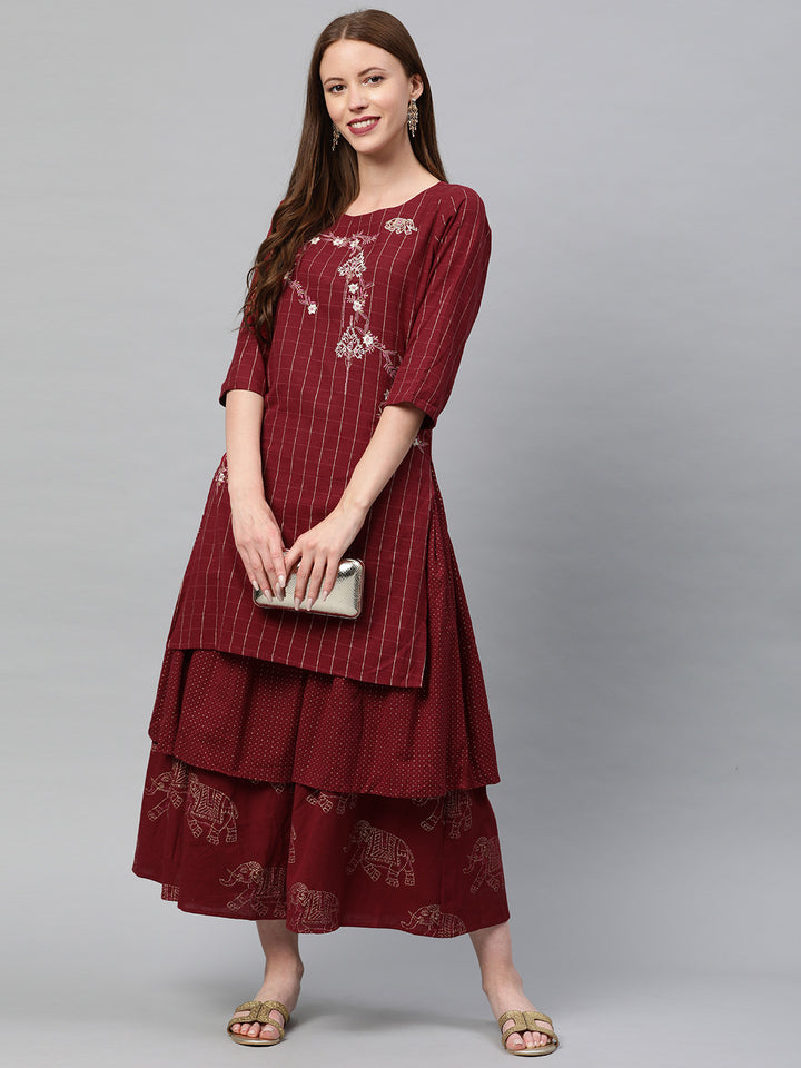 Neerus Maroon Embroidered Flared Double Layered Kurta