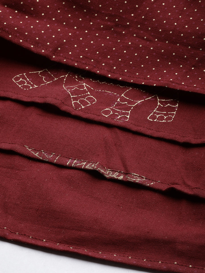 Neerus Maroon Embroidered Flared Double Layered Kurta