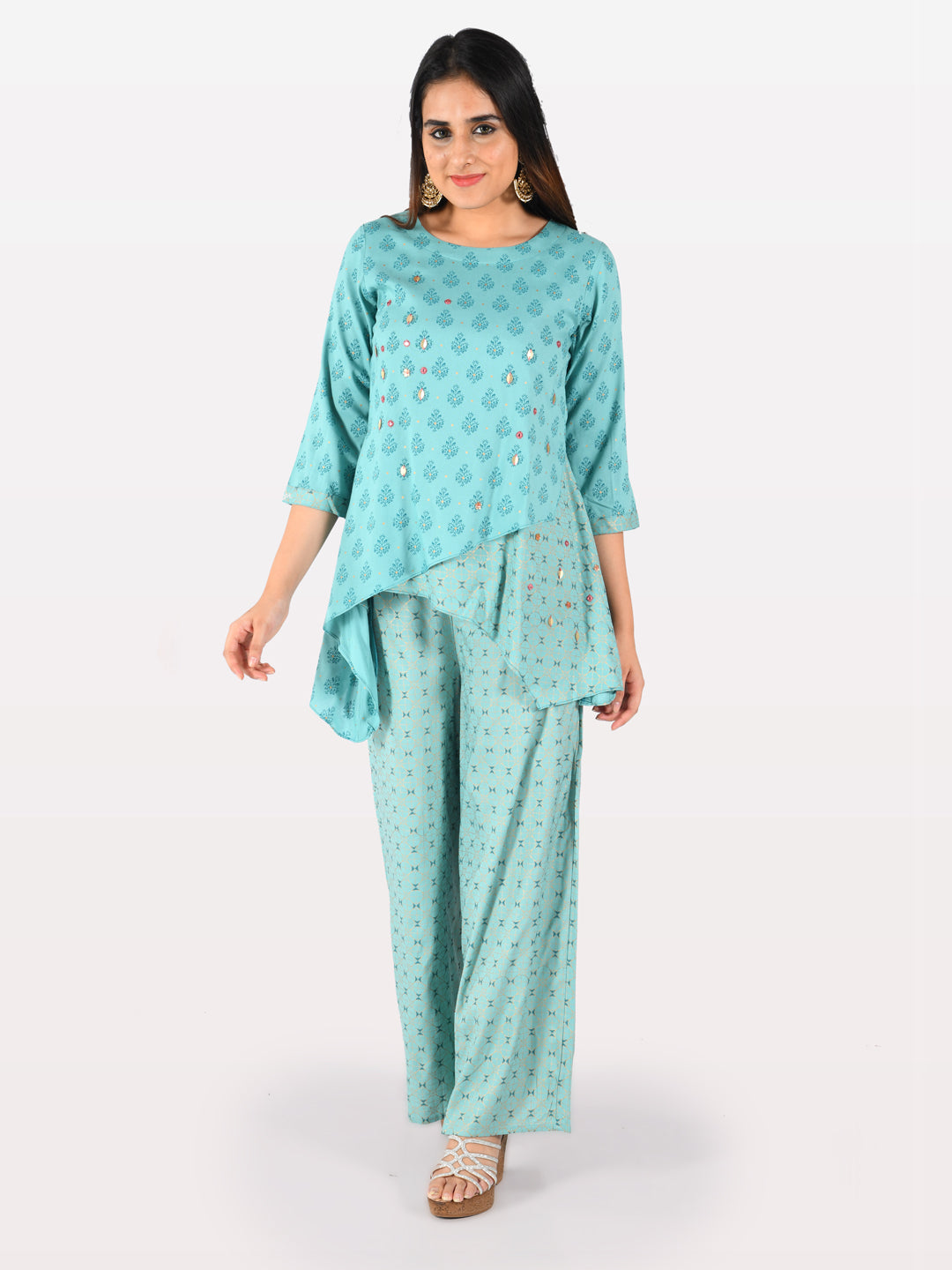 Neerus Blue Embellished High Low Kurti