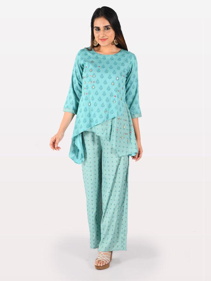 Neerus Blue Embellished High Low Kurti