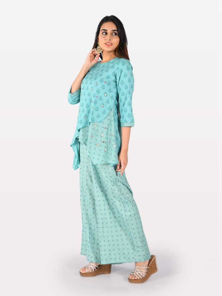 Neerus Blue Embellished High Low Kurti