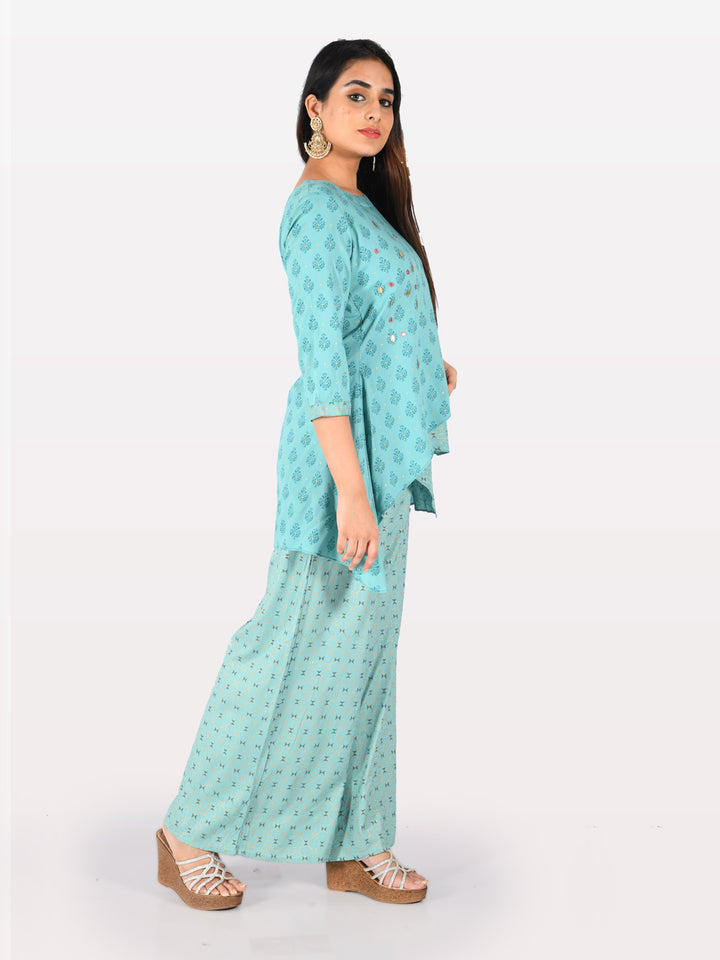 Neerus Blue Embellished High Low Kurti