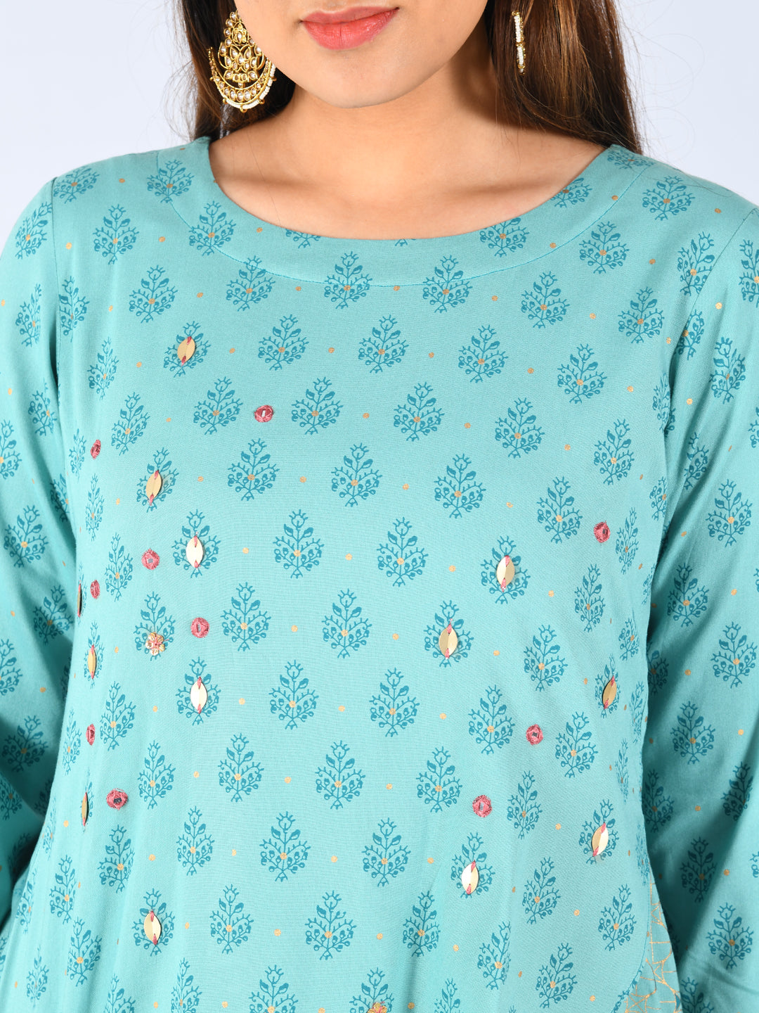 Neerus Blue Embellished High Low Kurti