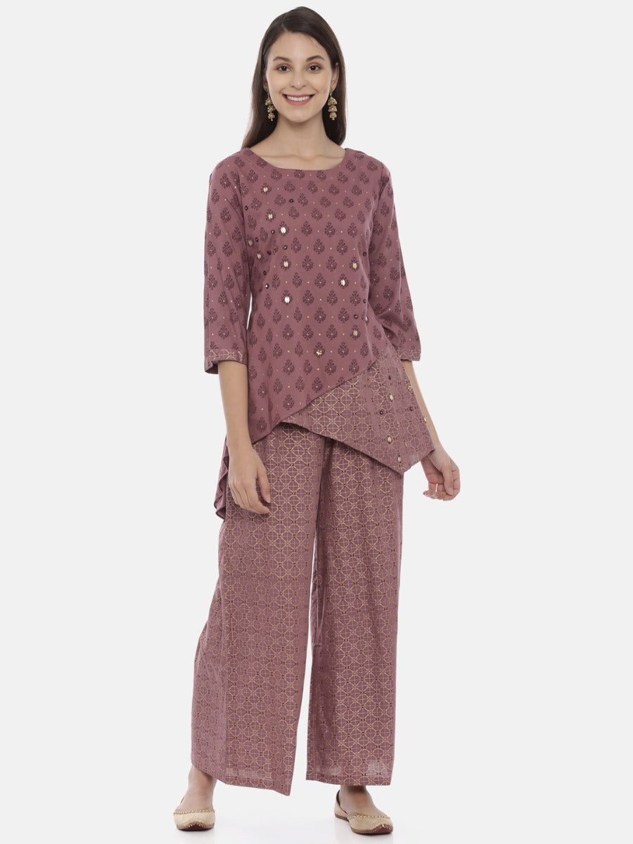 Neerus Purple cotton embellished kurta set with palazzo - front view