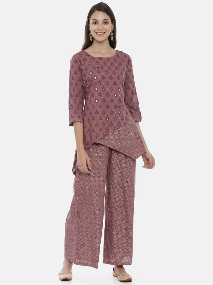 Neerus Purple cotton embellished kurta set with palazzo - front view
