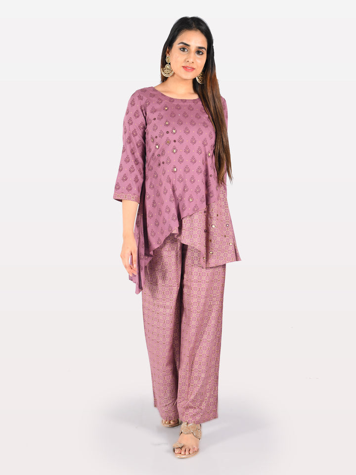 Neerus Purple cotton embellished kurta set with palazzo - detail view 5