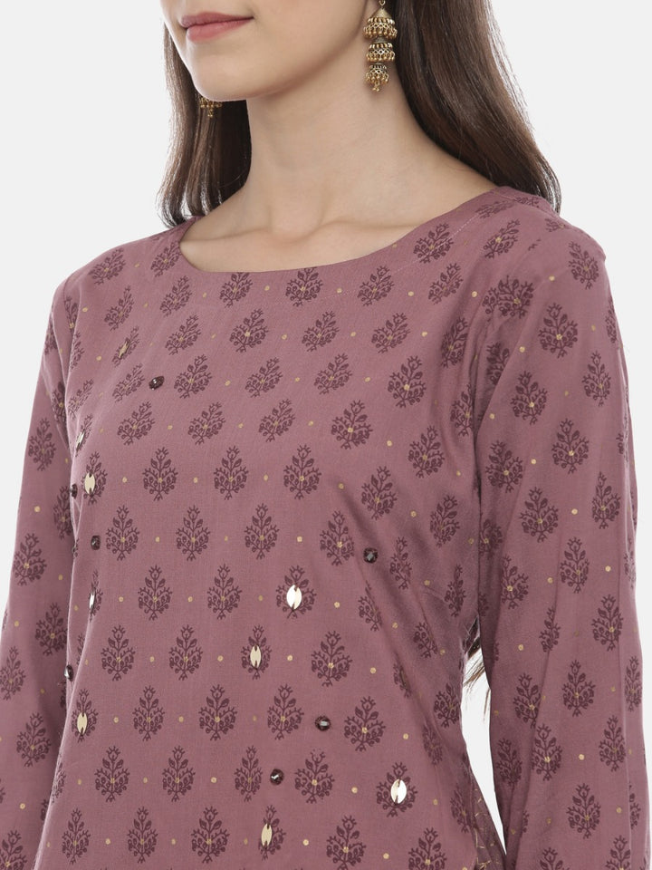 Neerus Purple cotton embellished kurta set with palazzo - back view