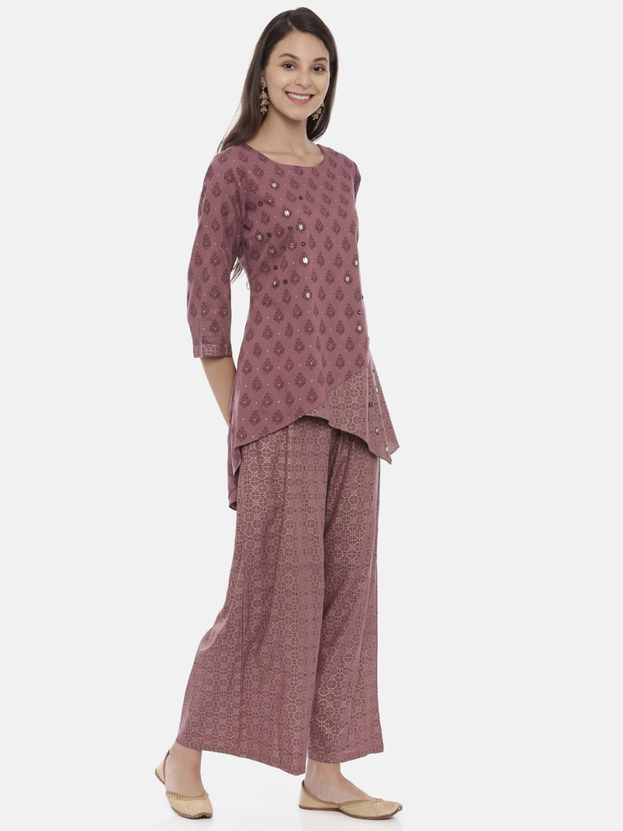 Neerus Purple cotton embellished kurta set with palazzo - detail view 1