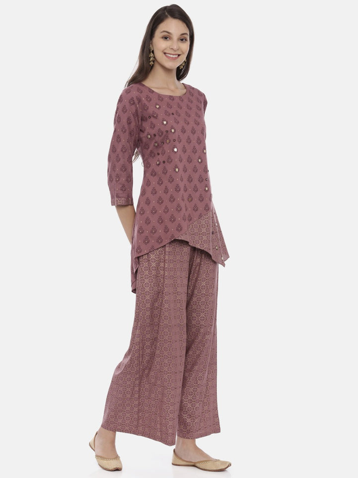 Neerus Purple cotton embellished kurta set with palazzo - detail view 1