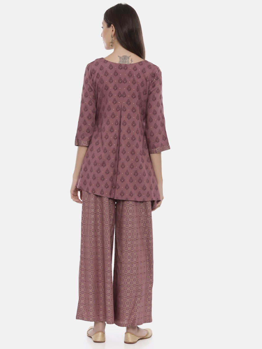 Neerus Purple cotton embellished kurta set with palazzo - detail view 2