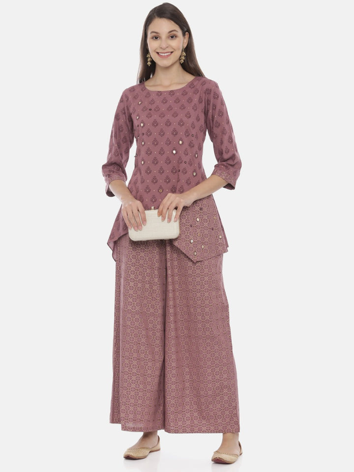 Neerus Purple cotton embellished kurta set with palazzo - detail view 3