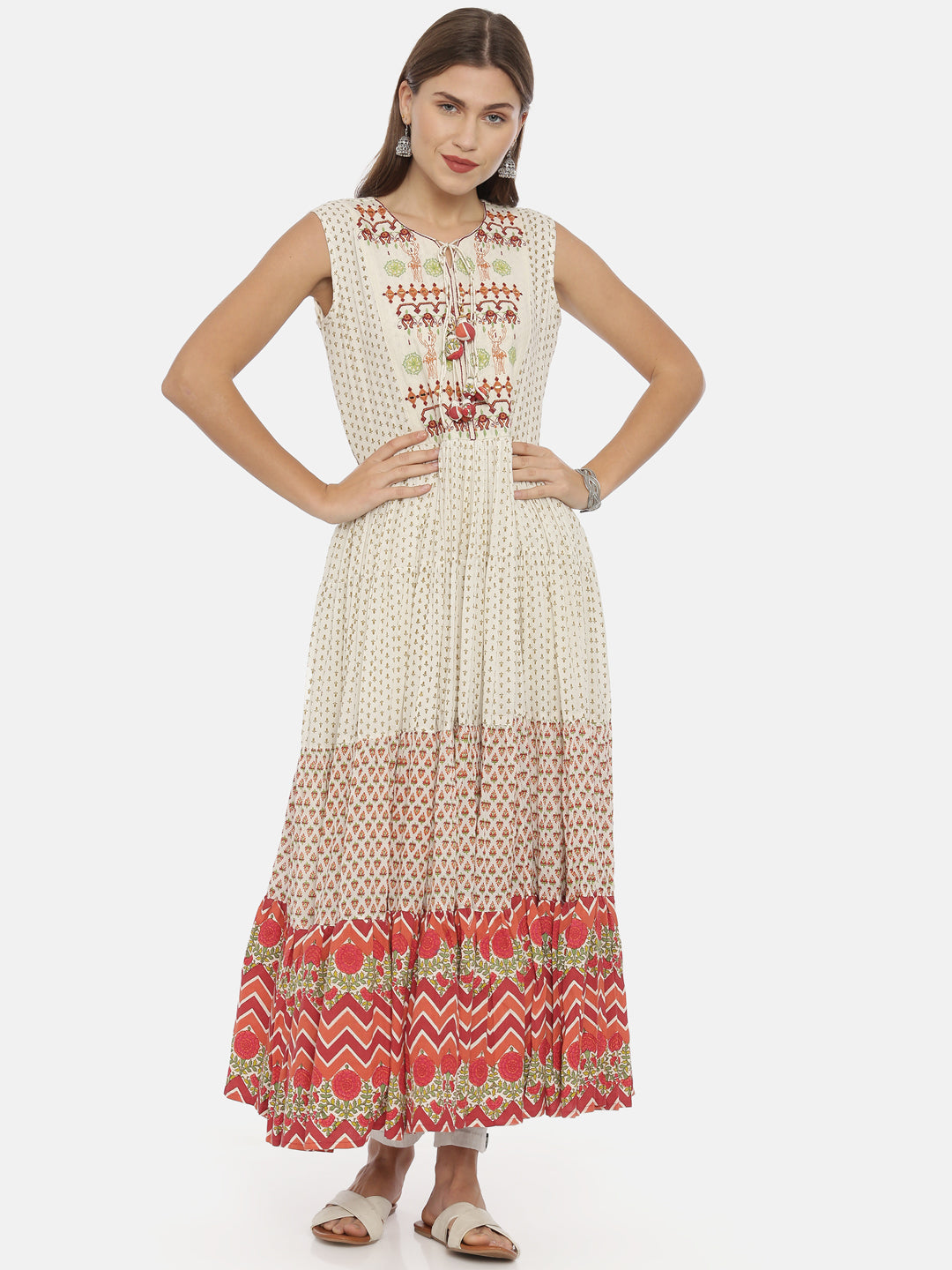 Neerus White Embroidered Flared Kurta