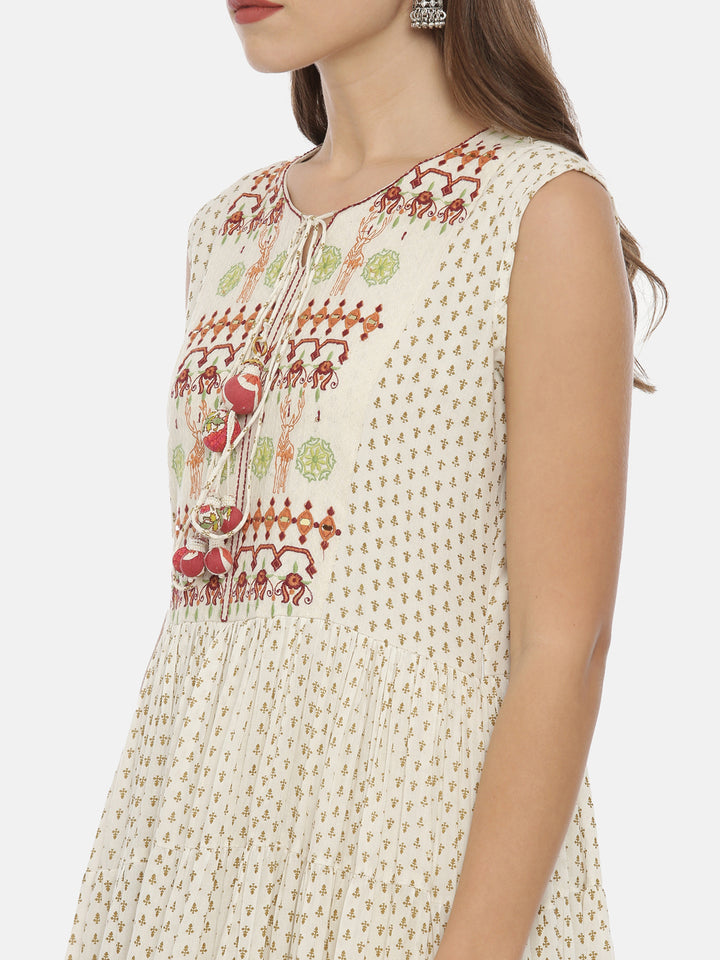 Neerus White Embroidered Flared Kurta