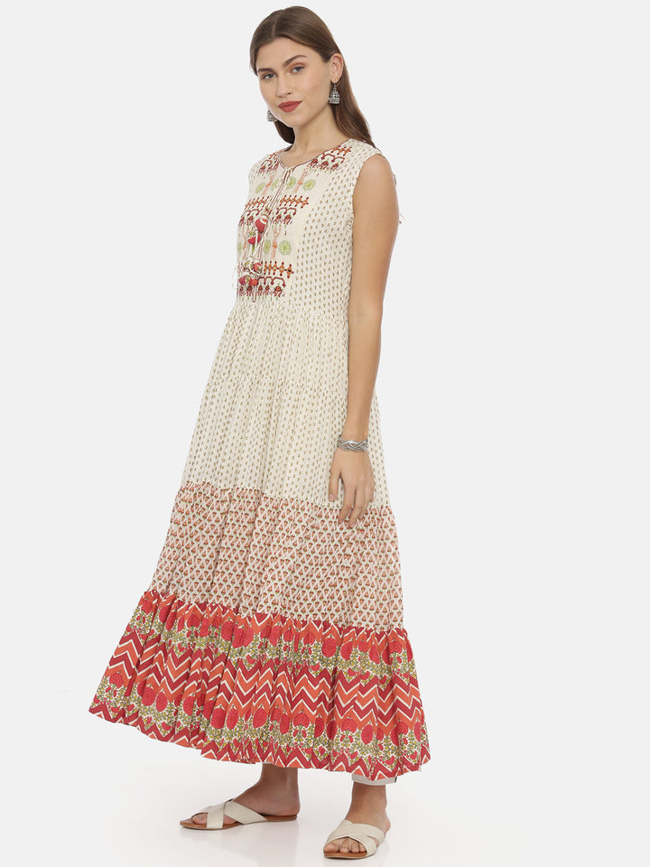 Neerus White Embroidered Flared Kurta