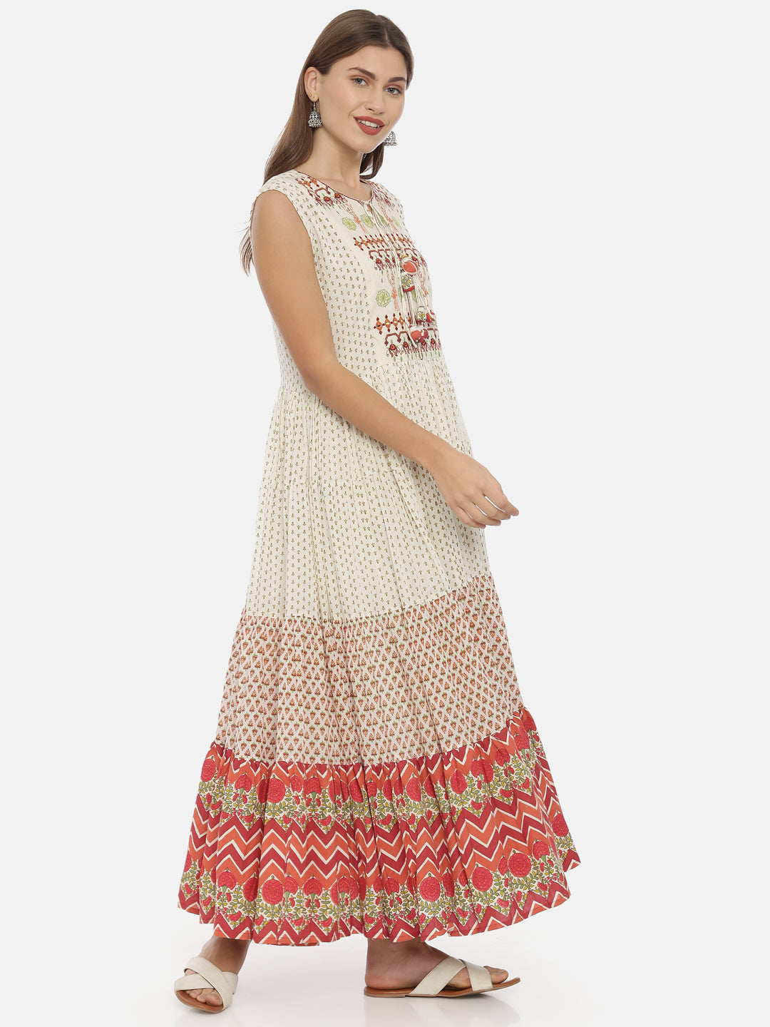Neerus White Embroidered Flared Kurta
