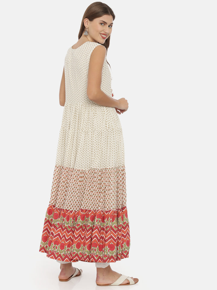 Neerus White Embroidered Flared Kurta