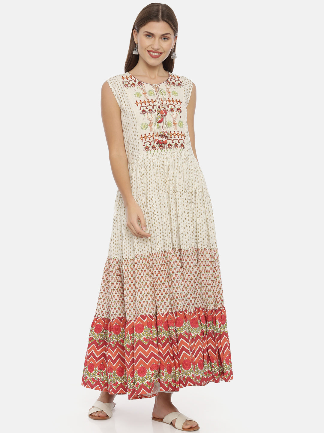 Neerus White Embroidered Flared Kurta
