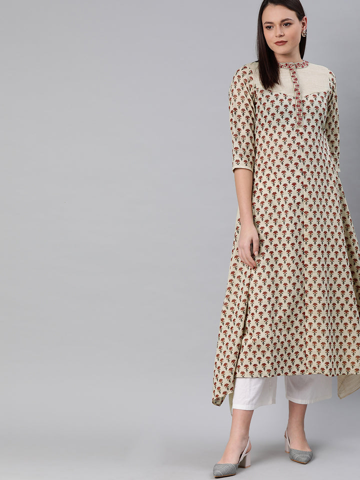 Neerus Beige Printed High Low Kurta