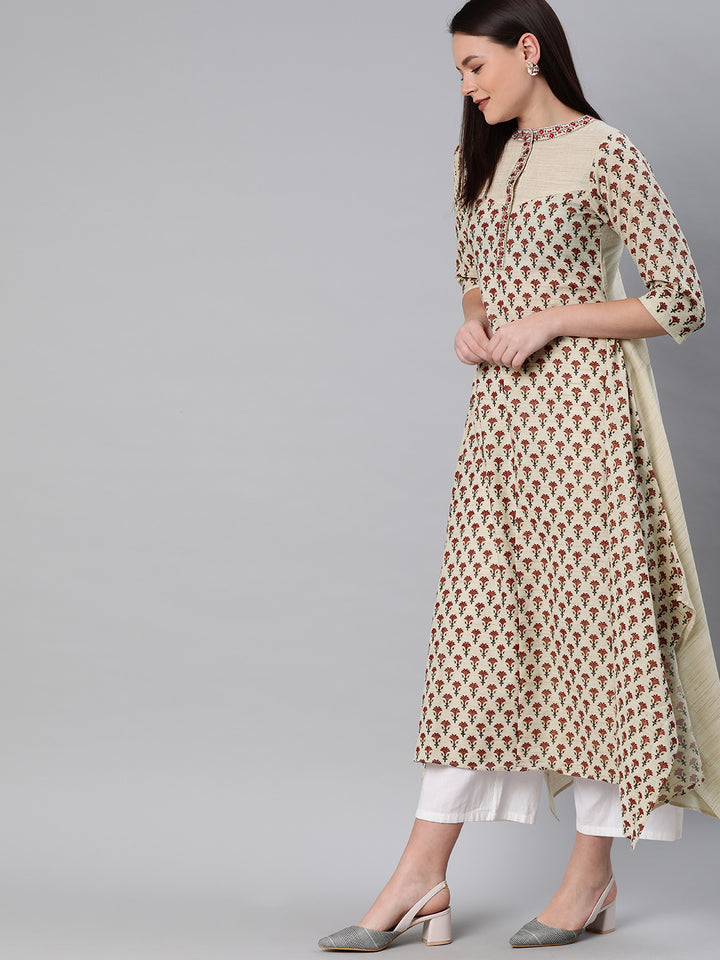 Neerus Beige Printed High Low Kurta