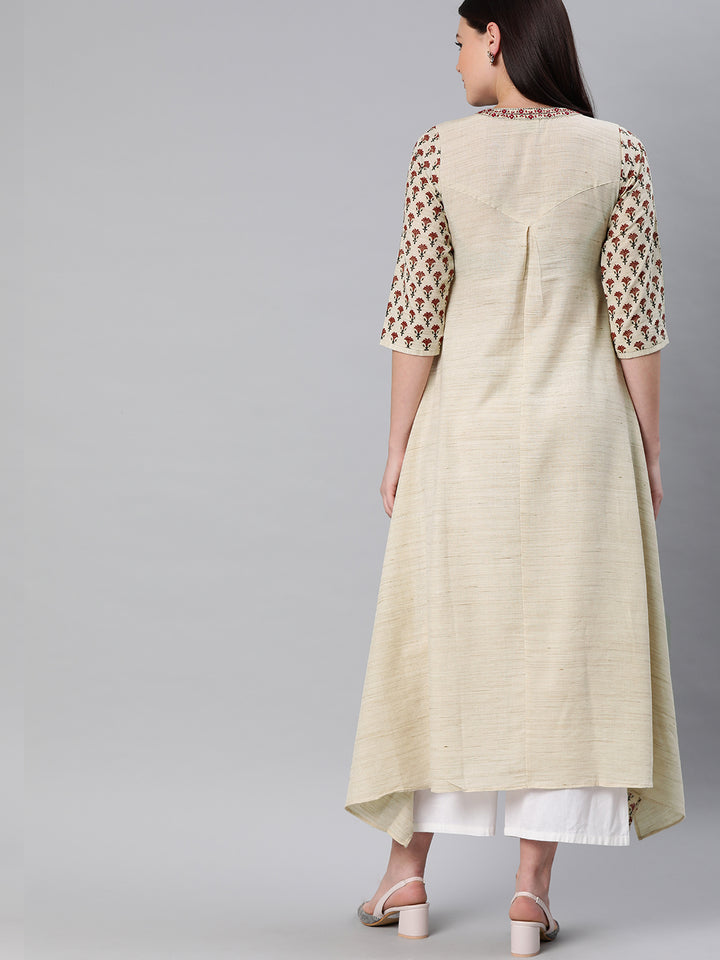 Neerus Beige Printed High Low Kurta