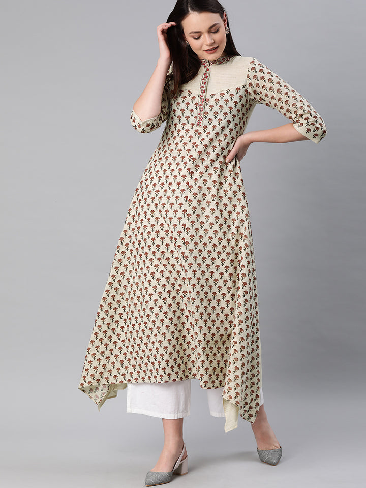 Neerus Beige Printed High Low Kurta