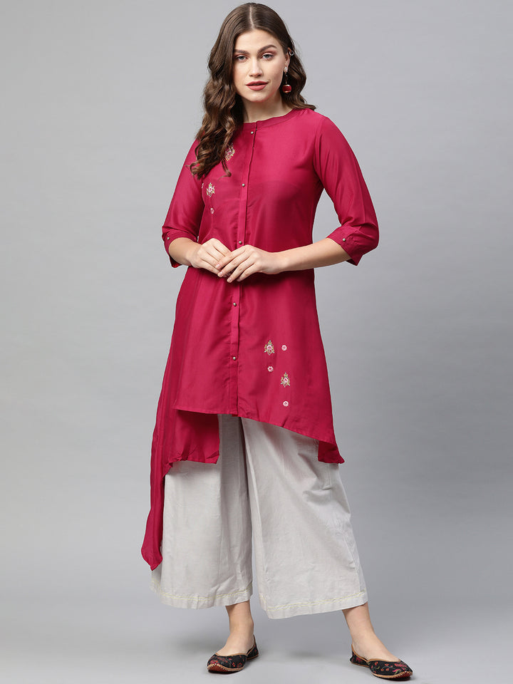 Neerus Pink Embroidered High Low Kurta
