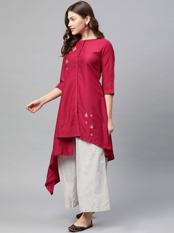 Neerus Pink Embroidered High Low Kurta