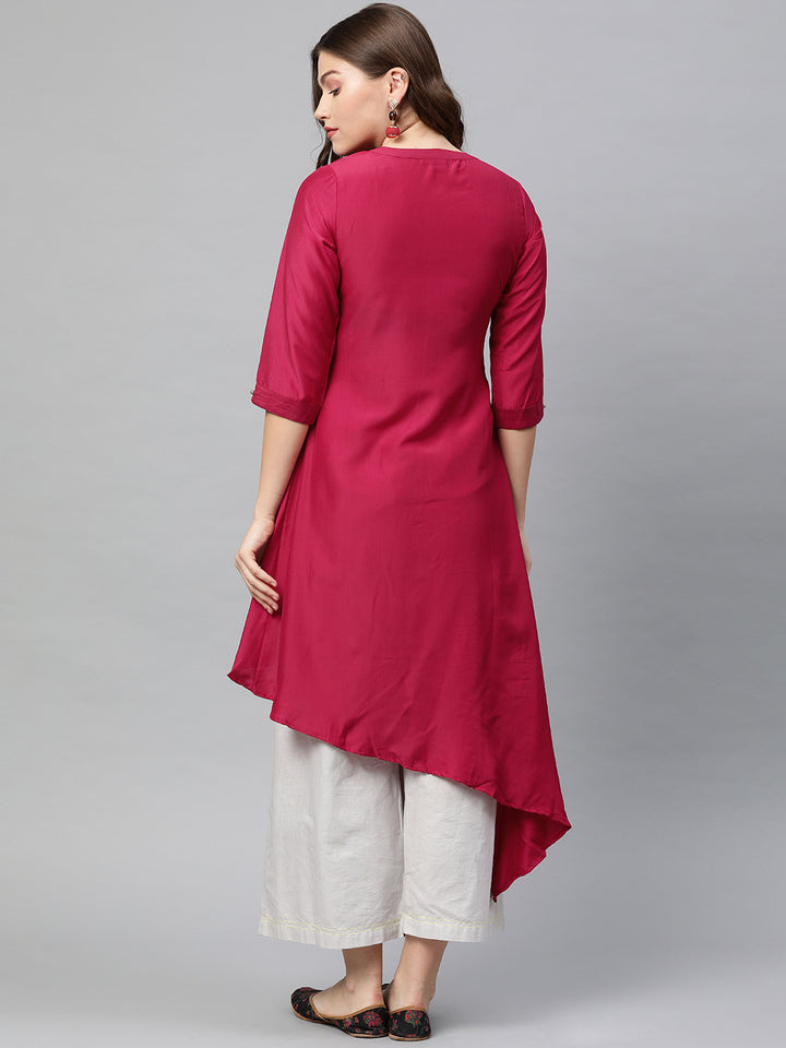 Neerus Pink Embroidered High Low Kurta
