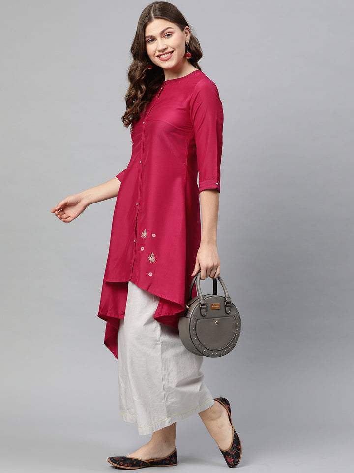 Neerus Pink Embroidered High Low Kurta