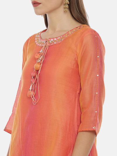 Neeru's Peach Embellished Anarkali Overlap Kurta