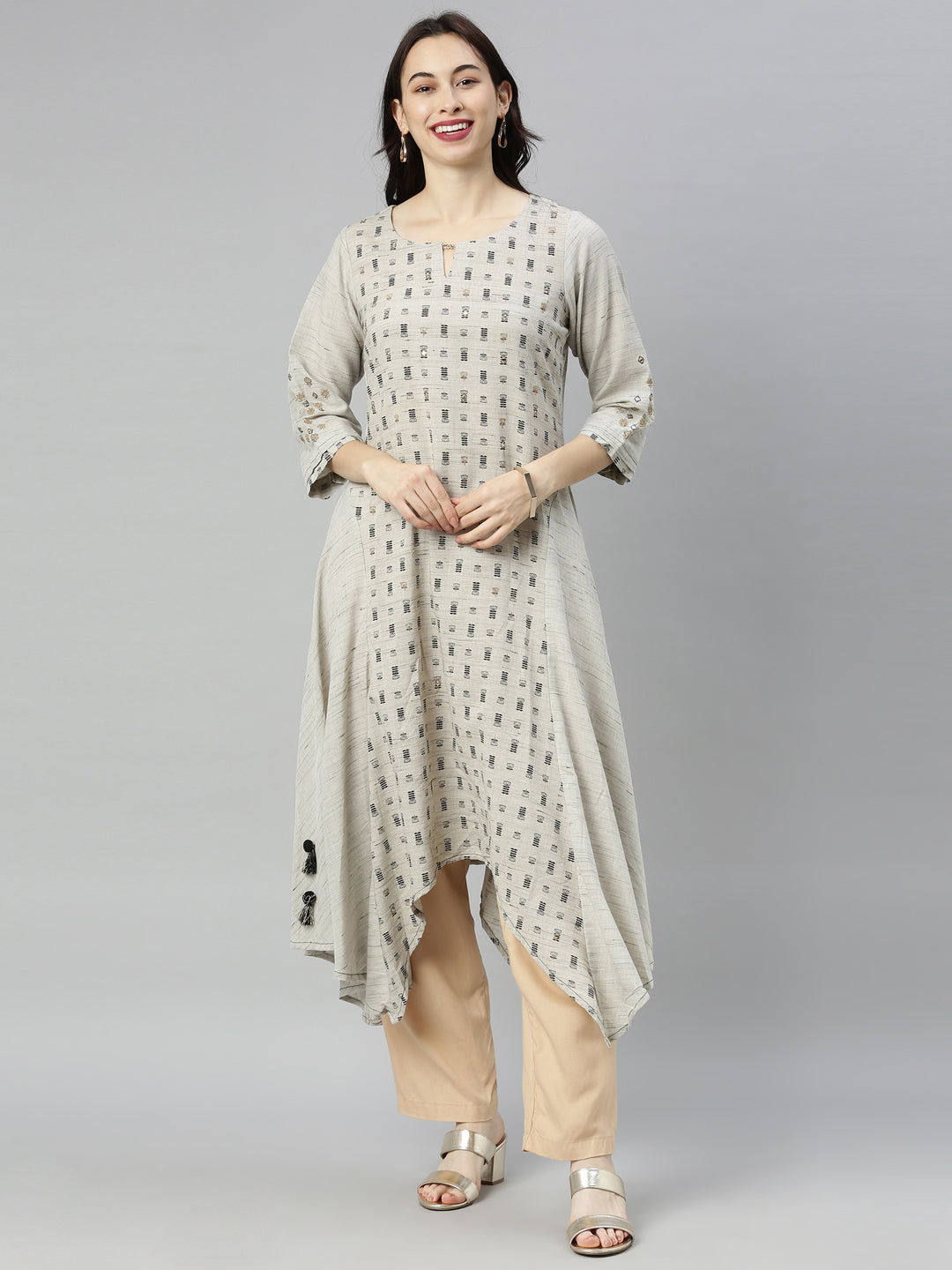 Neerus Grey Printed High Low Kurta