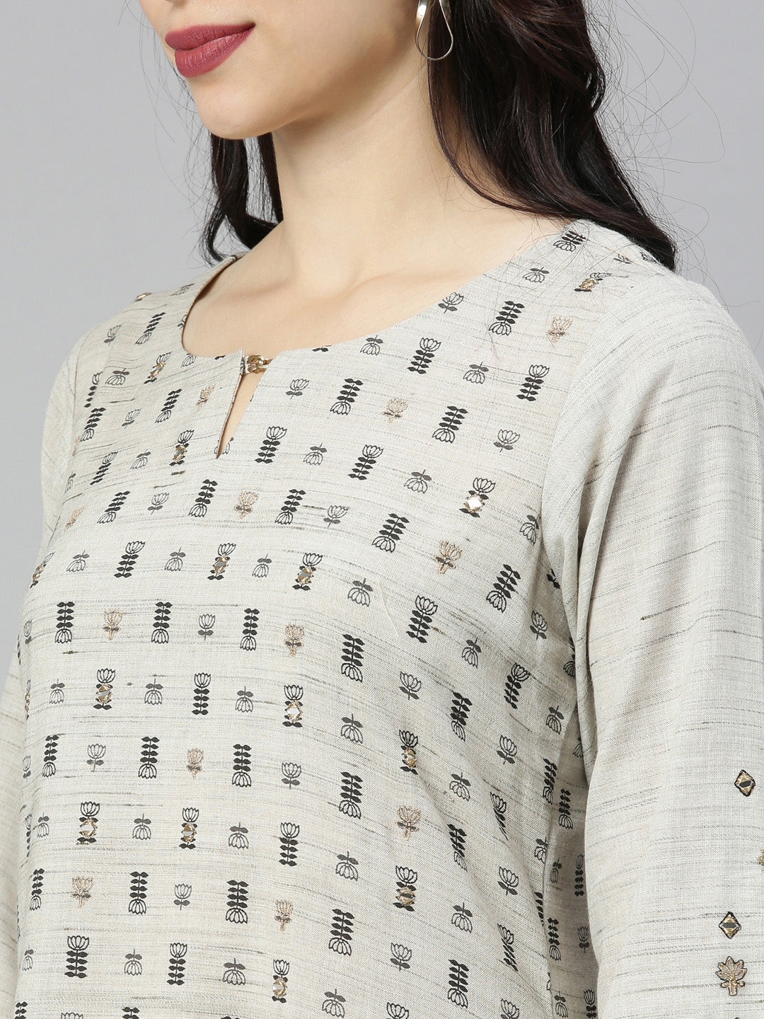 Neerus Grey Printed High Low Kurta