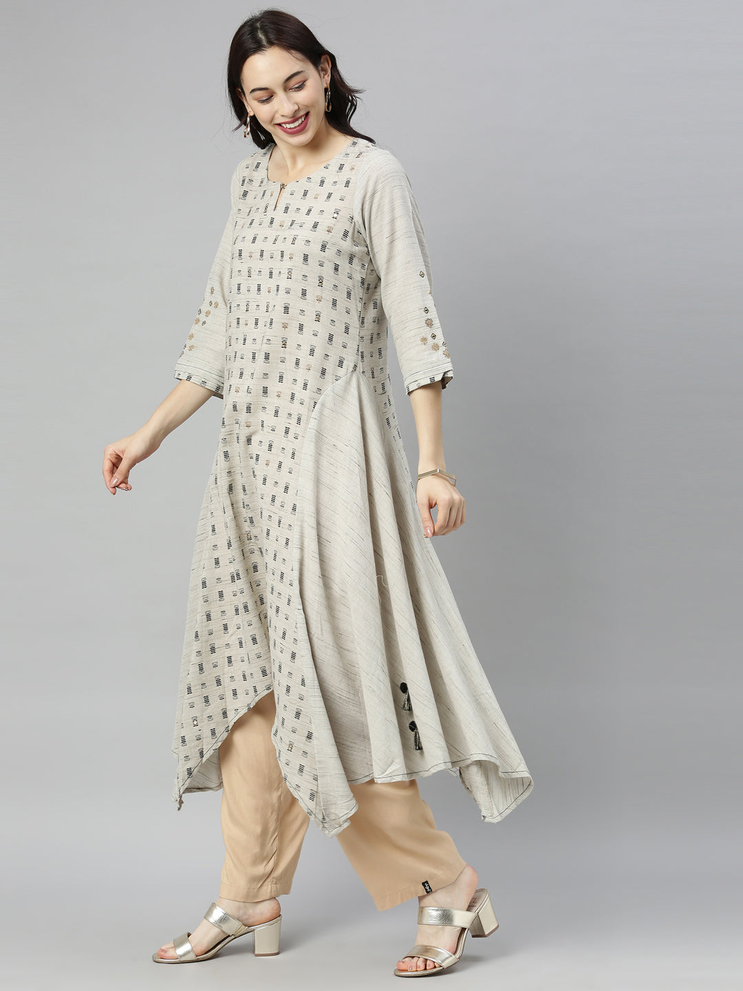 Neerus Grey Printed High Low Kurta