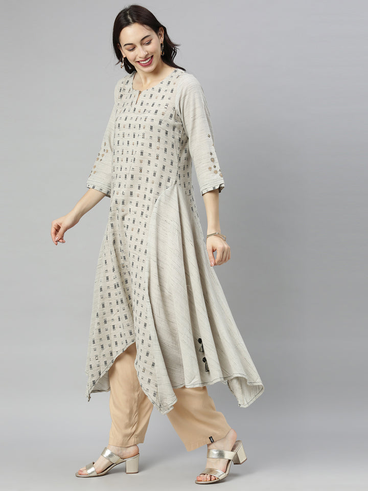 Neerus Grey Printed High Low Kurta