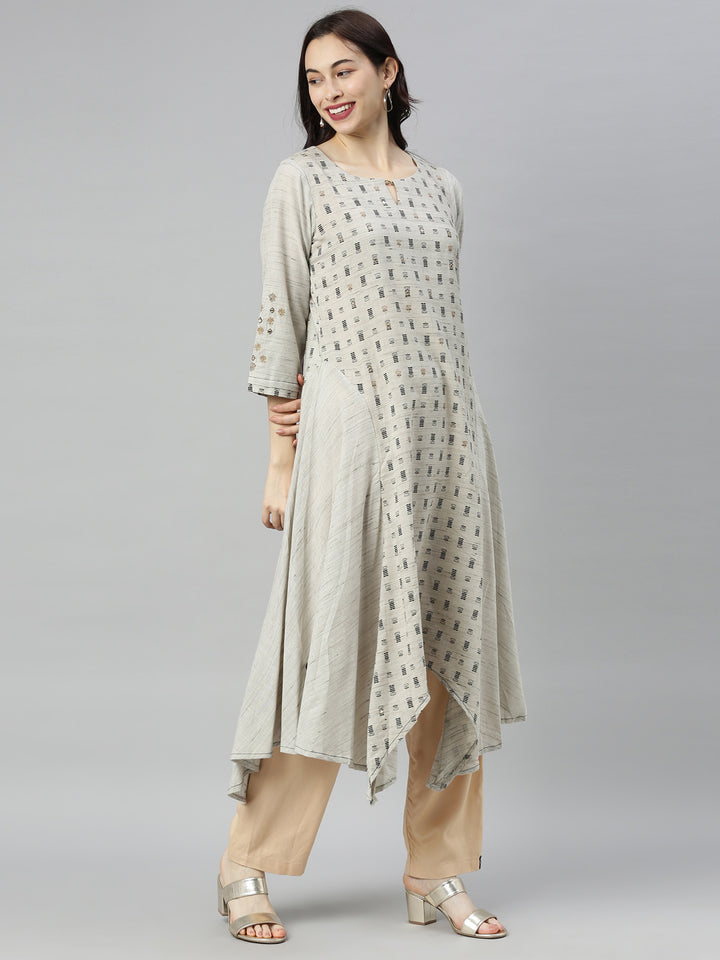 Neerus Grey Printed High Low Kurta