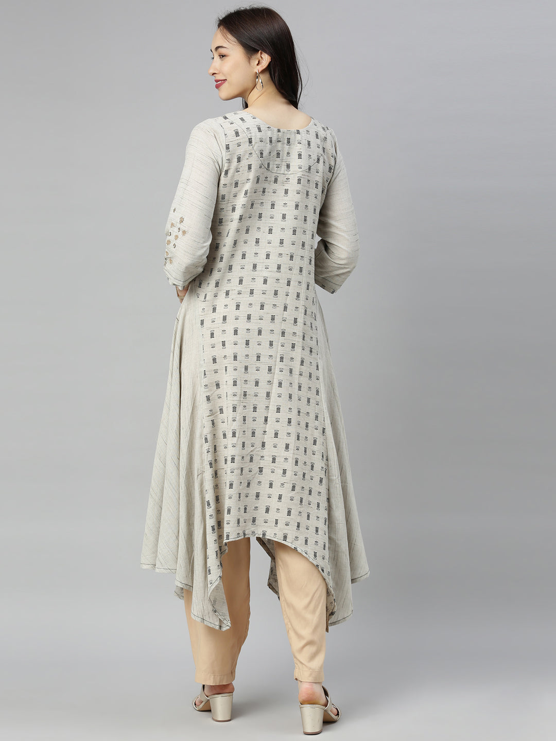 Neerus Grey Printed High Low Kurta