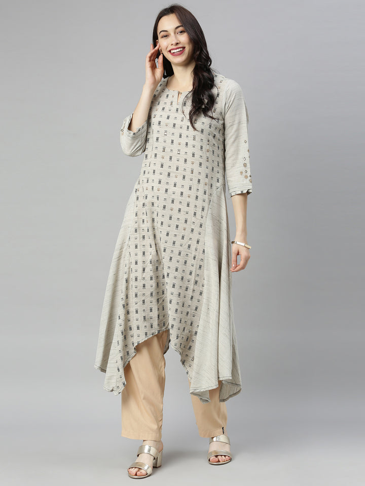 Neerus Grey Printed High Low Kurta
