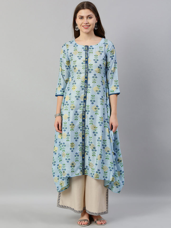 Neerus Blue Printed High Low Kurta