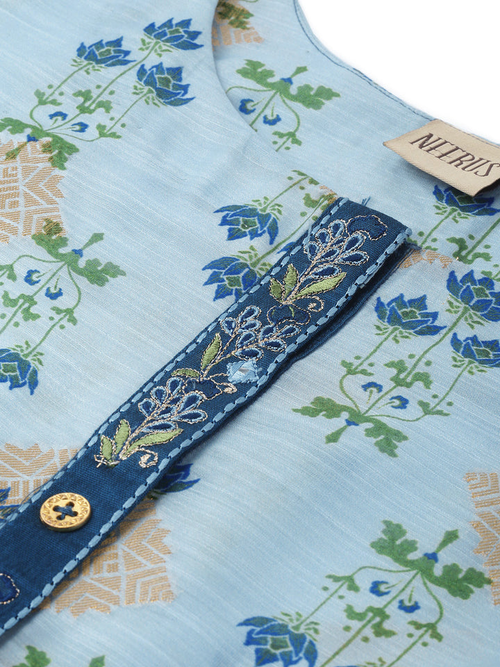 Neerus Blue Printed High Low Kurta
