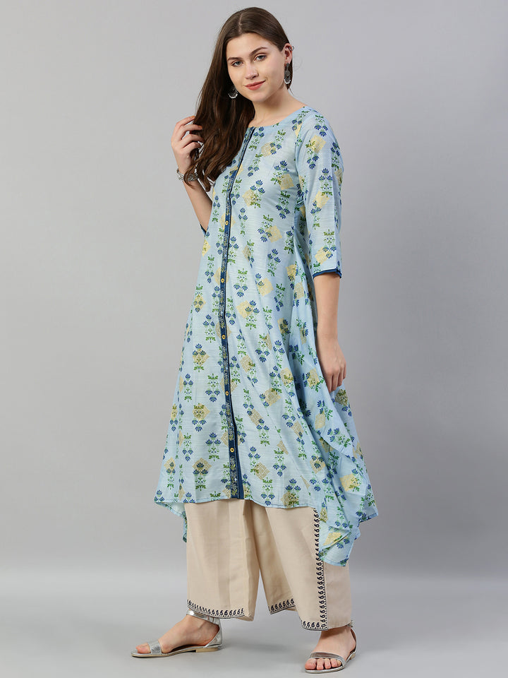 Neerus Blue Printed High Low Kurta