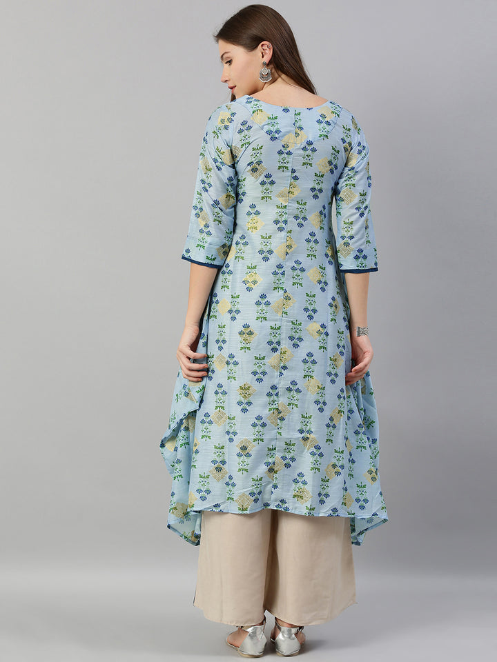 Neerus Blue Printed High Low Kurta