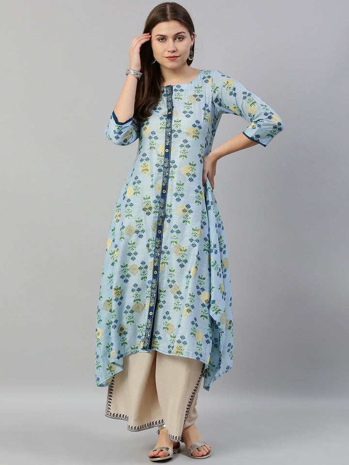 Neerus Blue Printed High Low Kurta
